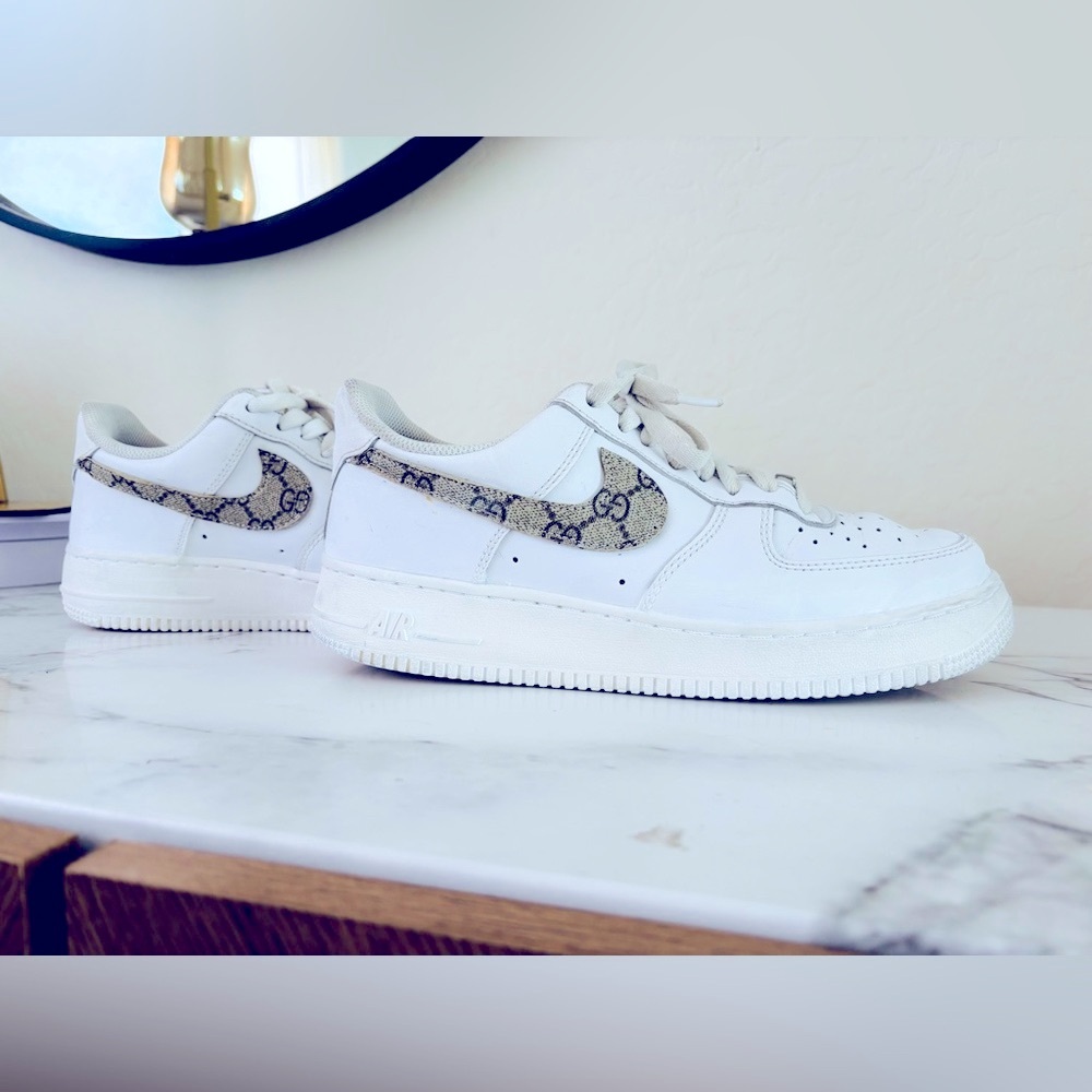 Nike Air Force 1 Gucci Style White Sneakers with Patterned Swoosh